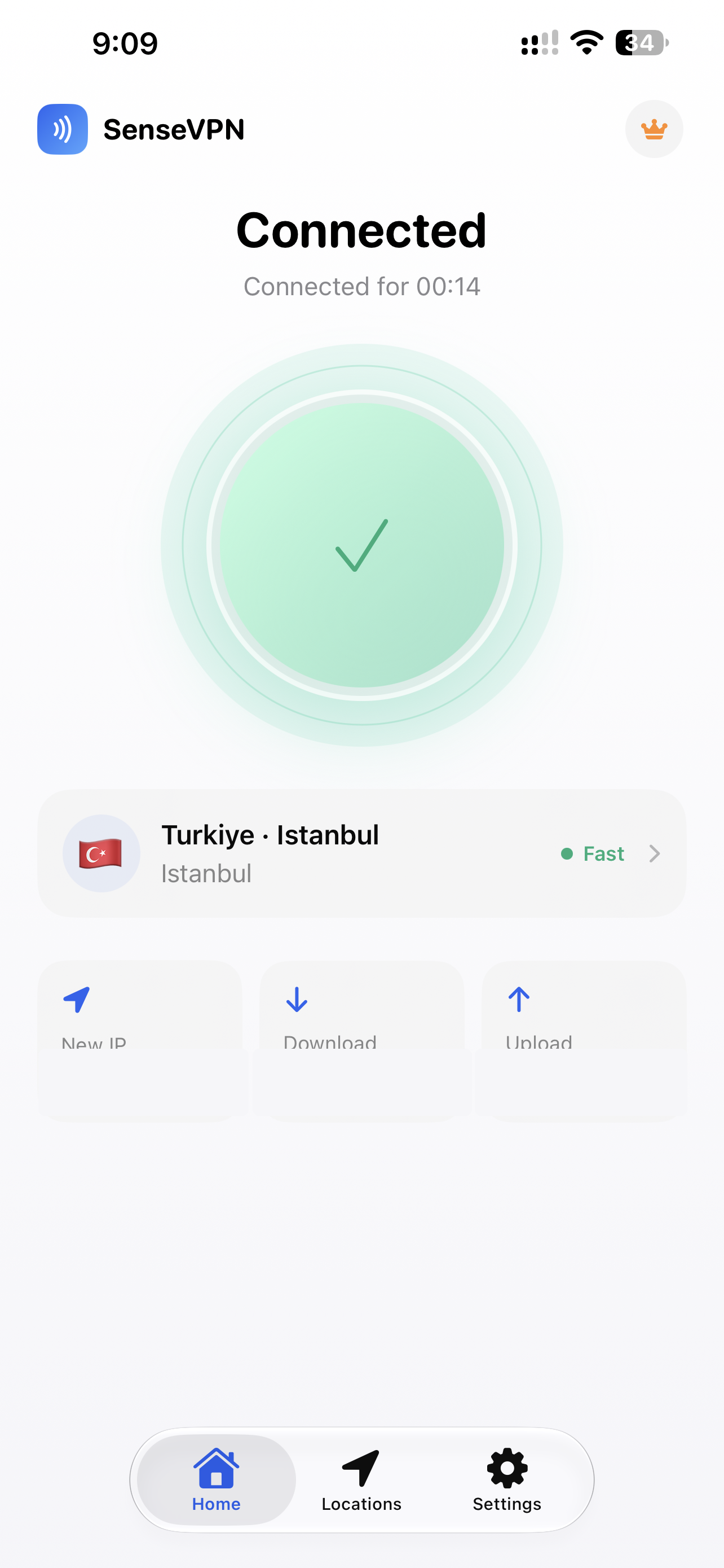 SenseVPN connected to Türkiye, with Istanbul selected.
